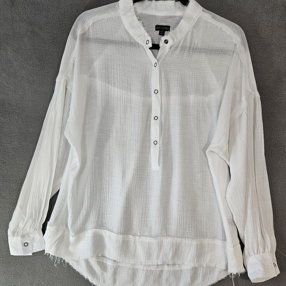 Coco + Carmen Womens L/XL White Oversized Sheer Shirt Half Snap Button Lagenlook